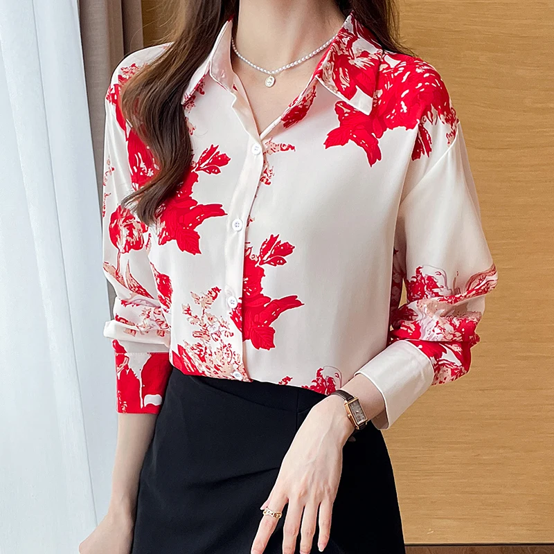 Women Spring Fashion Loose Sweet Printing Chiffon Turn-down Collar Long Sleeve Shirts Women Clothes Casual All-match Trend Tops