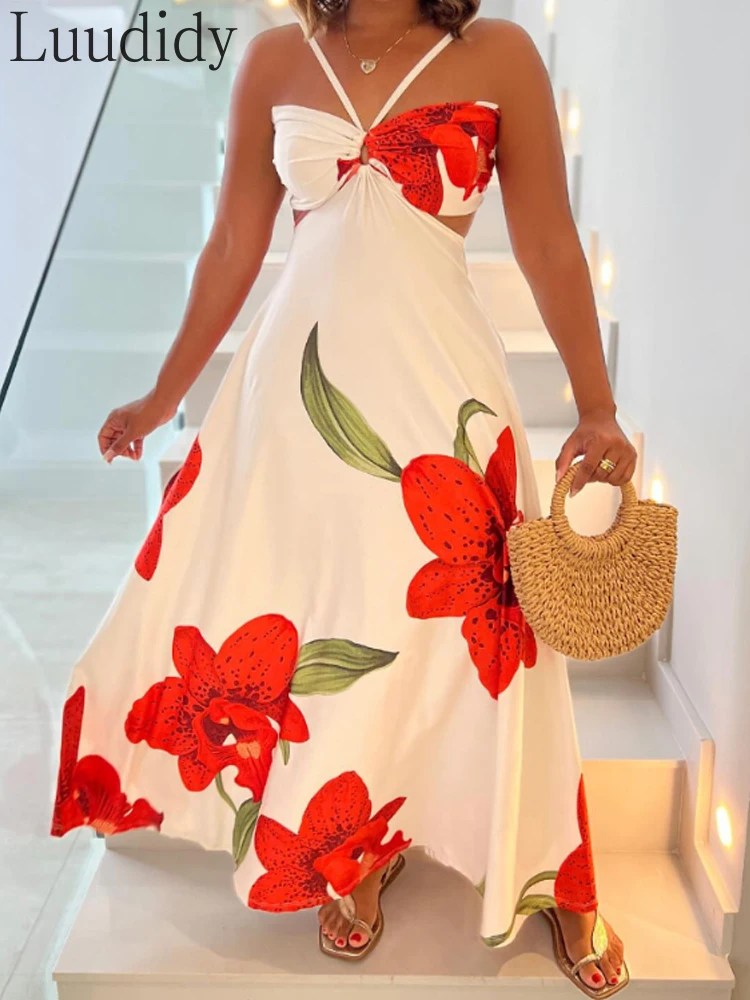 Women's Floral Print Halter Sleeveless Hollow-out Front Cami Dress Casual Cutout Waist Maxi Dress