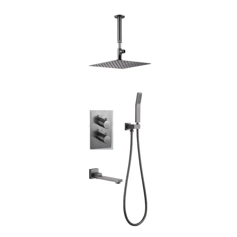 

Brass Thermostatic Shower Faucet Black Ceiling Rainfall Shower Head Mixer Tap Concealed Install Bathroom Faucets