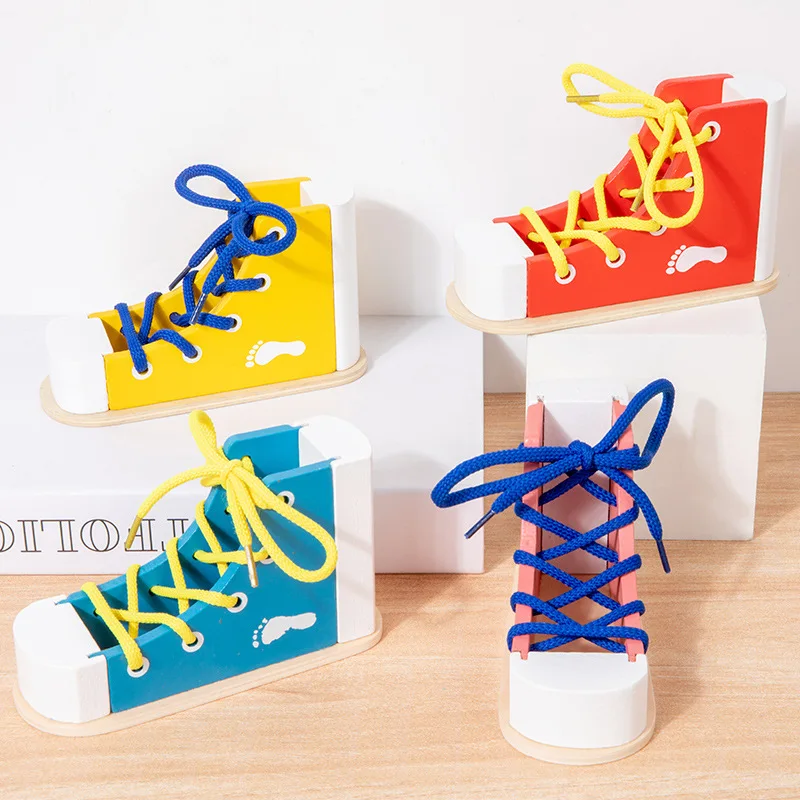 

Lacing Sneaker Wooden Shoelace Toys Lacing Shoes Puzzle Game Montessori Tie-Up Shoe Puzzle Toy Wood Tie Shoes