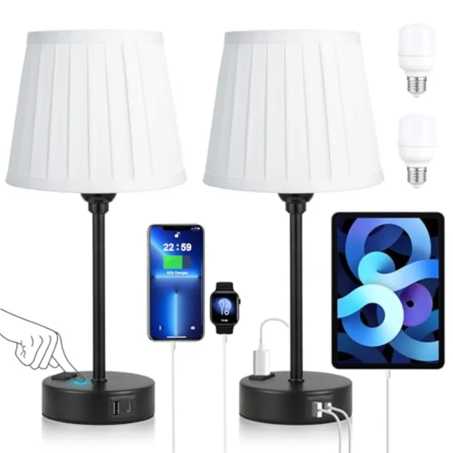 

Прикроватные лампы для спальни, комплект из 2 штук - плиссированные абажуры с USB-портами для зарядки, сенсорные лампы для прикроватной тумбочки, ночник для тумбочки.