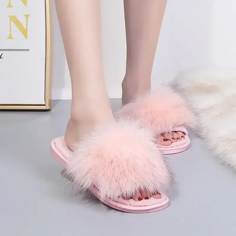 Thick Fluffy Fur Slippers Women 2024 New Winter House Warm Furry Slippers Women Flip Flops Home Slides Flat Indoor Floor Shoes