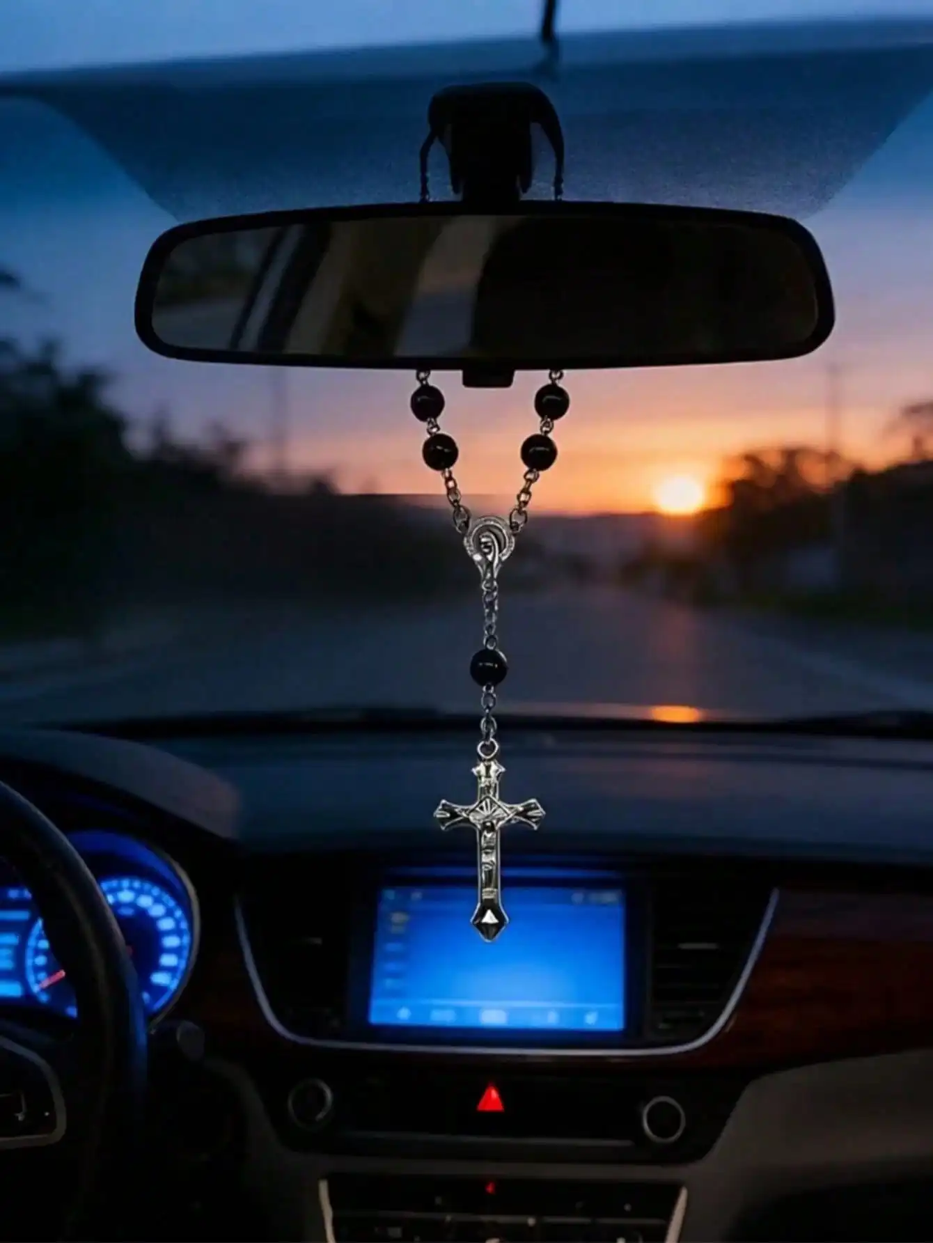 Black Rosary Cross Car Rearview Mirror Pendant, Exquisite Beaded Ornament, Car Interior Decoration