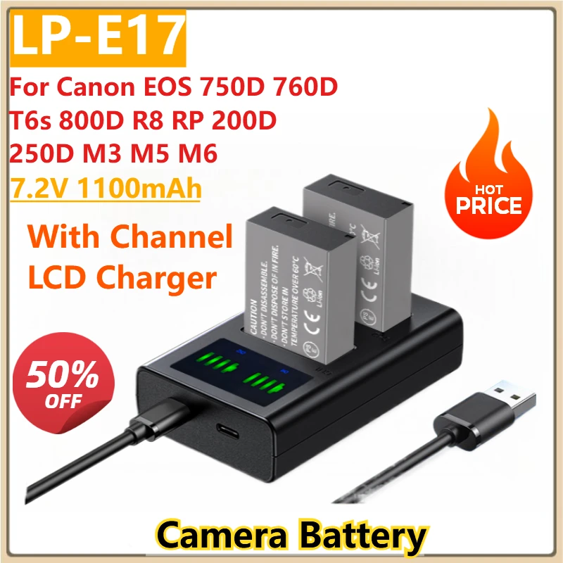 

Camera Battery 7.2V 1100mAh LP-E17 LPE17 LP E17 +Channel LCD Charger for Canon EOS 750D 760D T6s 800D R8 RP 200D 250D M3 M5 M6
