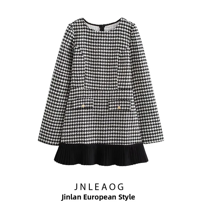 ファッショナブルなチェック柄長袖ドレス JNLEAOG 女性のデザイン春秋の新スタイルポリエステル生地プリーツスカートシングルピース