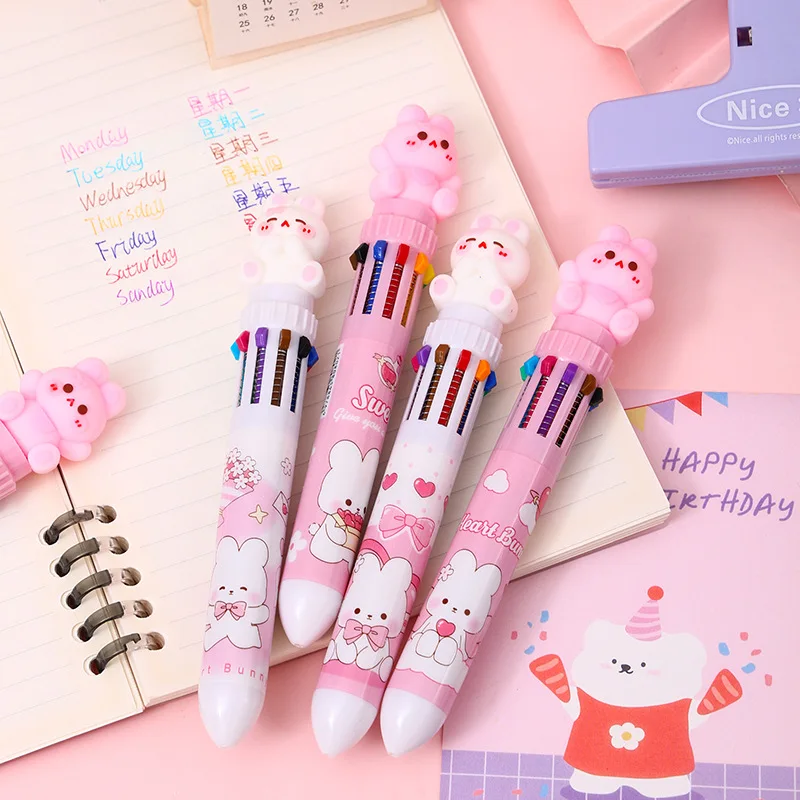 

Набор из 3 шт. милых розовых ручек-кроликов с 10 цветами для девочек, разноцветные ручки, подарок для школьников и студентов, канцелярские товары