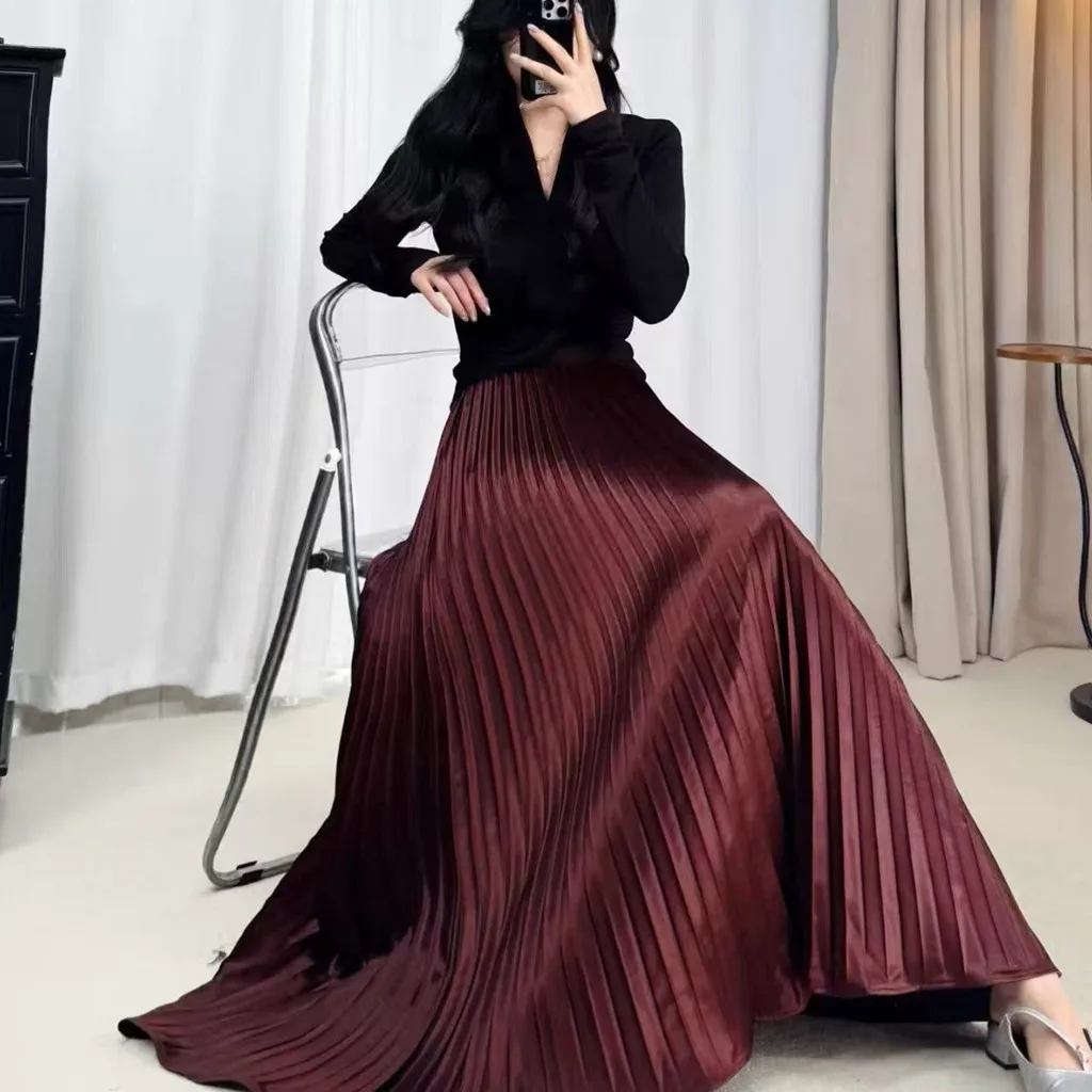 Glossy Satin Pleated Long Skirt Women High Waist A‑Line Big Swing Maxi Skirt Elegant Evening Party Floor‑Length Skirt