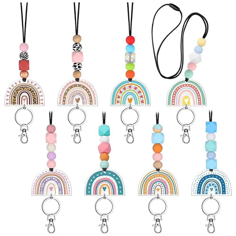 

8 Pcs Teacher Lanyard for Id Badges and Keys Acrylic Boho Rainbow Beaded Lanyard Cute Keychains for Women Id Lanyard