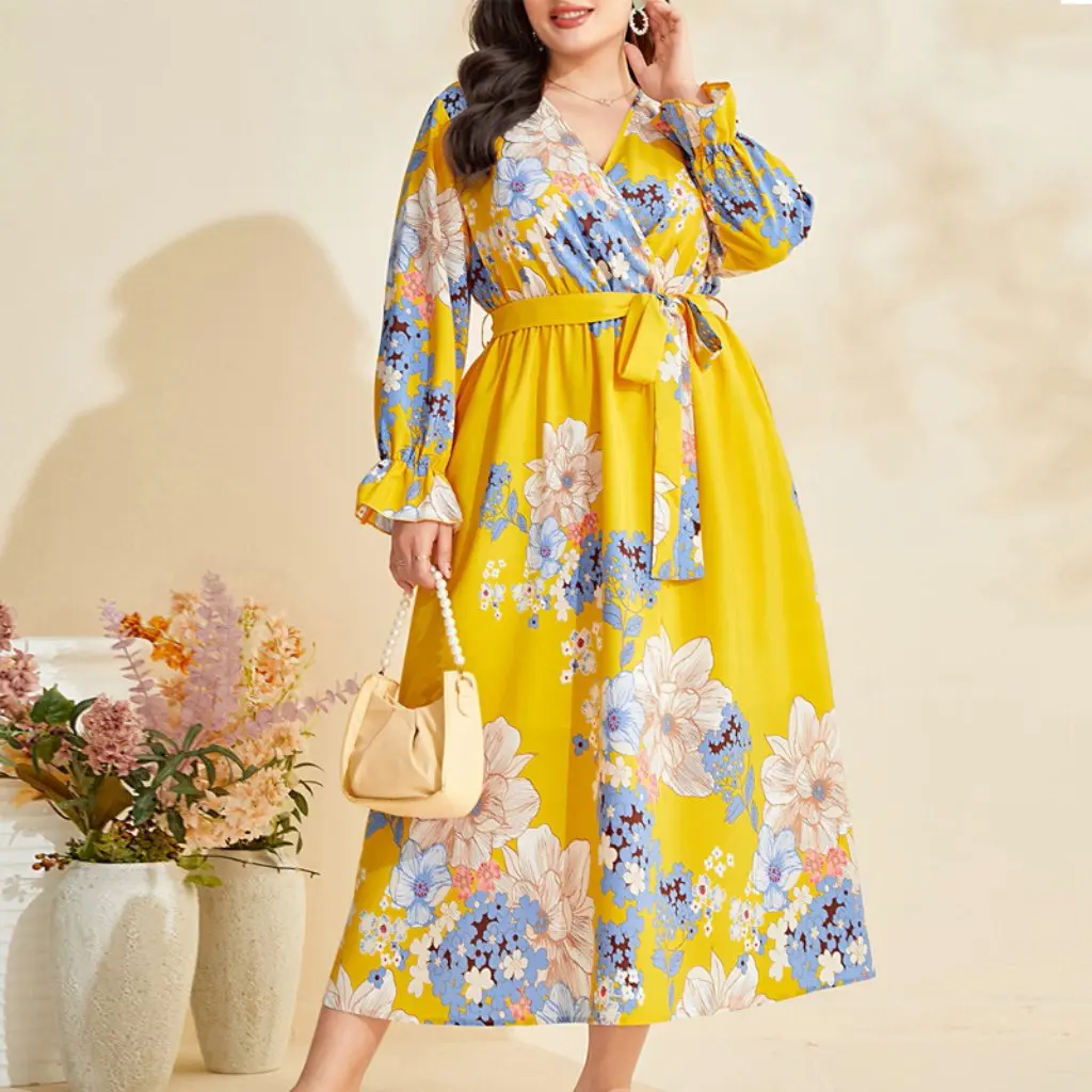 

New Elegant V-Neck Printed Dress for plus Size Women Waist Elapsed Women's Dress in Stock on