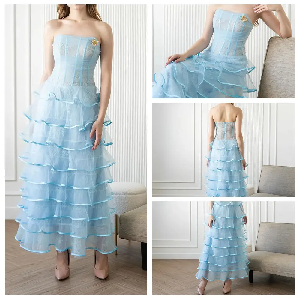 

Customized A-line Evening Dresses Ankle-length Strapless Sleeveless Prom Gown Simple Fashion Tiered Draped Backless Party Gown