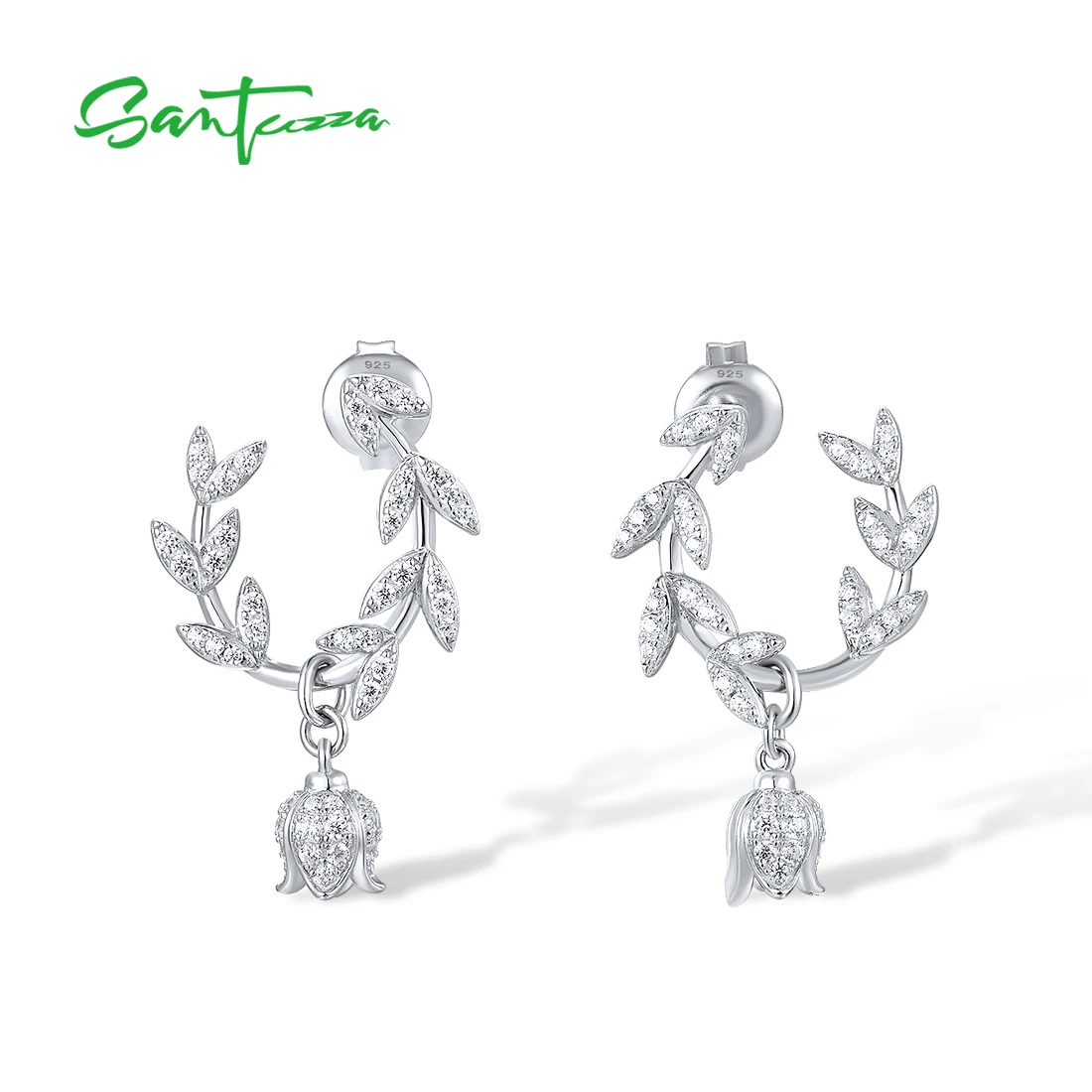 SANTUZZA Genuine 925 Sterling Silver Stud Earrings For Women Sparkling White CZ Flower Dangling Pierce Delicate Fine Jewelry