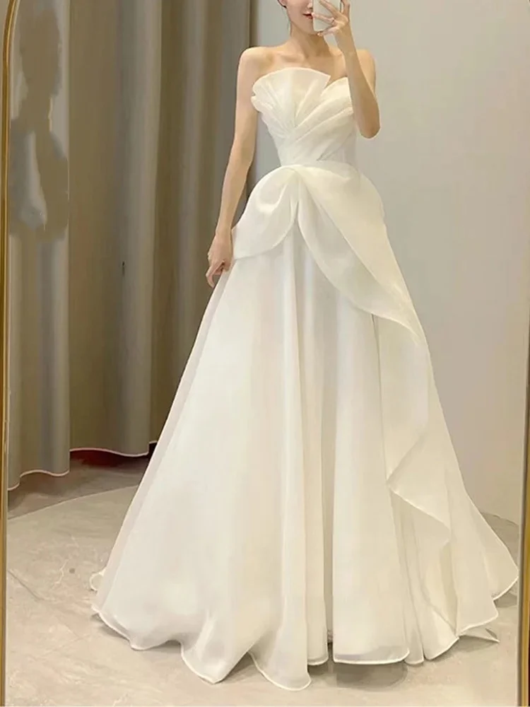 MD Princess Scalloped A-line Wedding Dress Organza Pleat Sleeveless Korea Photoshoot Floor Length Bridal Gown Customised 2025