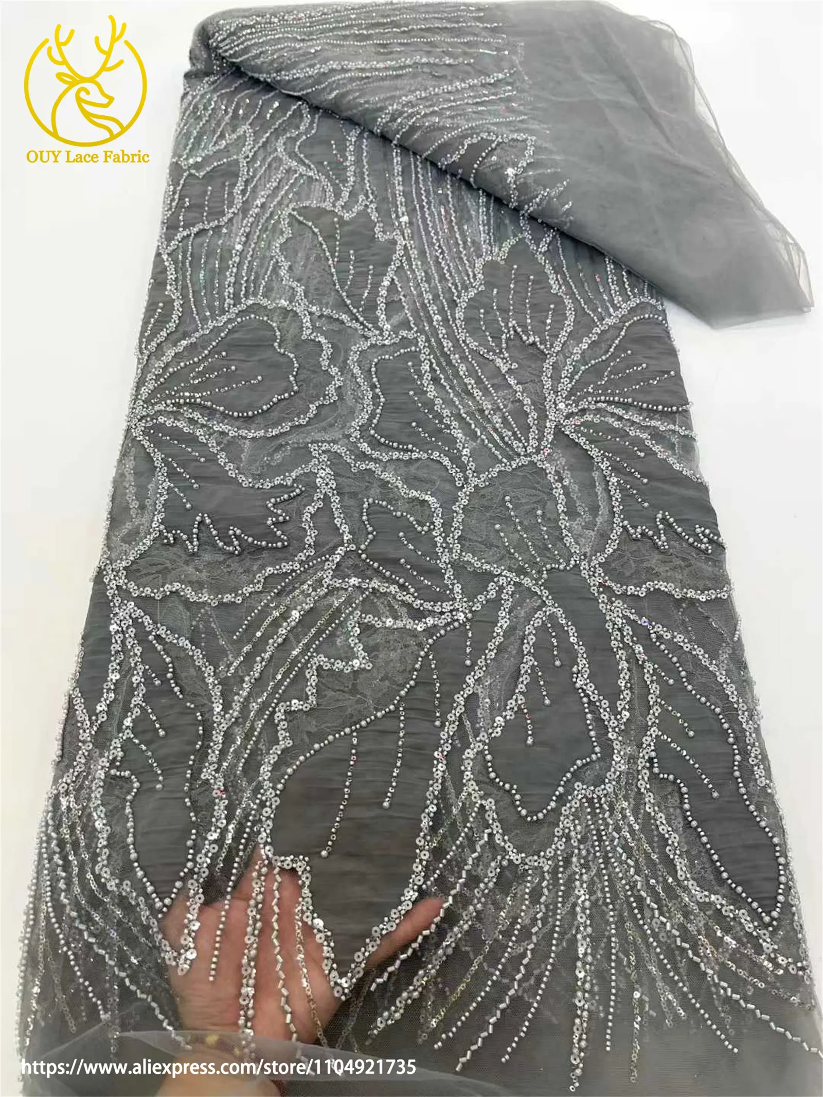 Tiefvioletter afrikanischer Pailletten-Perlen-Spitzenstoff 2025, eleganter französischer nigerianischer bestickter Spitzenstoff für Hochzeits-Nähmaterialien – Detail 10
