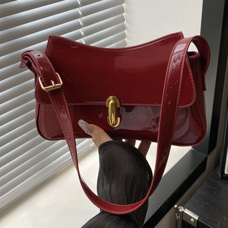 

Women Retro Tote Bag Ladies Trendy Vintage Underarm Bag Casual Leather Solid Color Simple Handle Designer Glossy Surface Handbag