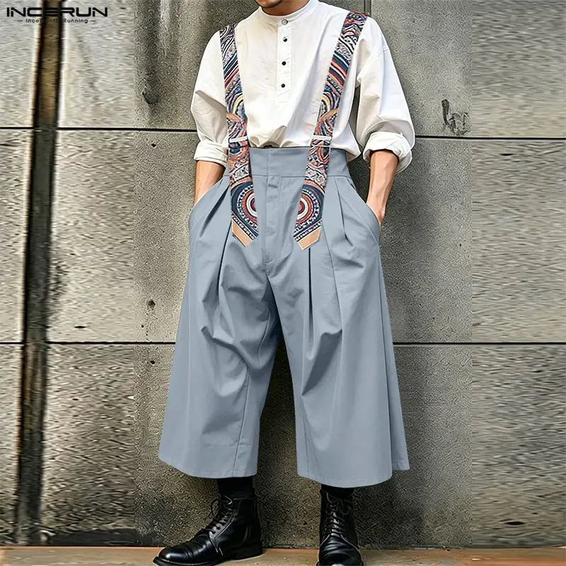 INCERUN Herren-Jumpsuits mit Aufdruck, Patchwork, ärmellos, mit Trägern, für Herren, Streetwear, Übergröße, modisch, lässig, männliche Overalls, Hosen