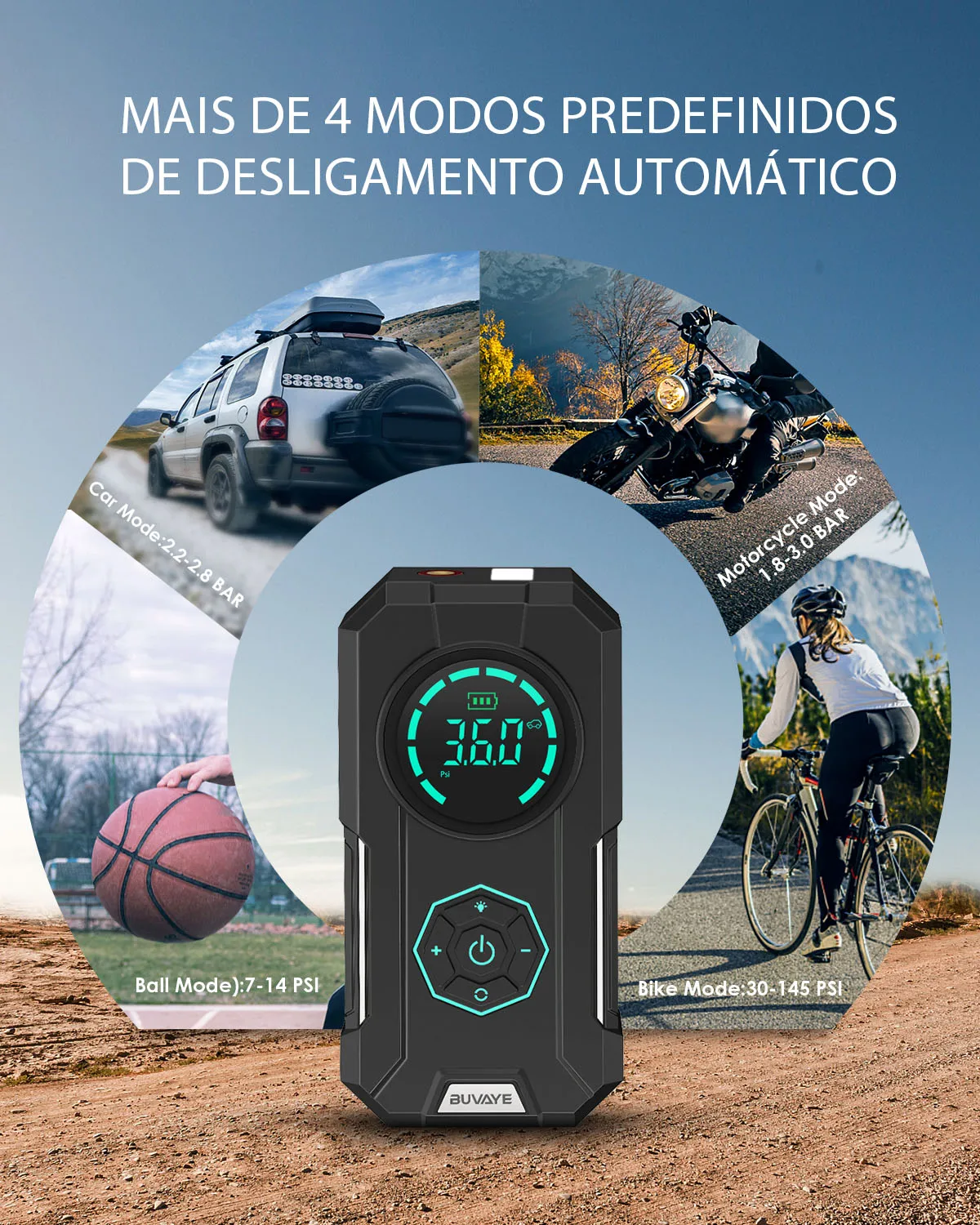 BUVAYE-Bomba De Ar Sem Fio, Inflator De Pneus Portátil, Compressor De Alta Pressão, Adequado Para Carro, Motocicletas, Bicicletas, Barcos