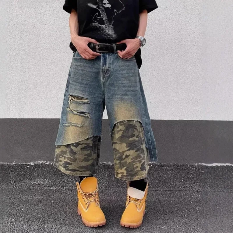 

Seven-Point Shorts Washed Vintage Jeans Men Two-Piece Camouflage Patchwork Ripped Pants American High Street Casual