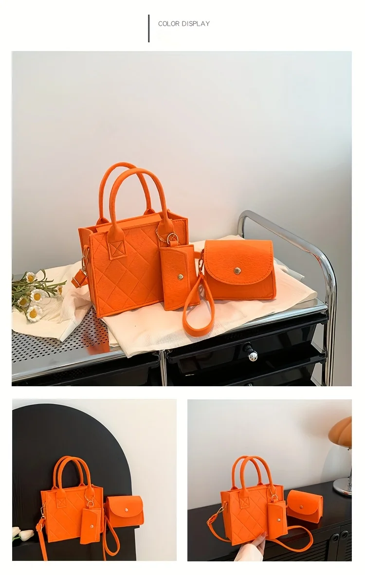 3 Stück/Set geprägte Damenhandtasche, stilvolle Umhängetasche, Clutch und Geldbörse, einfarbige quadratische Umhängetasche, Stoff für den täglichen Gebrauch – Detail 7