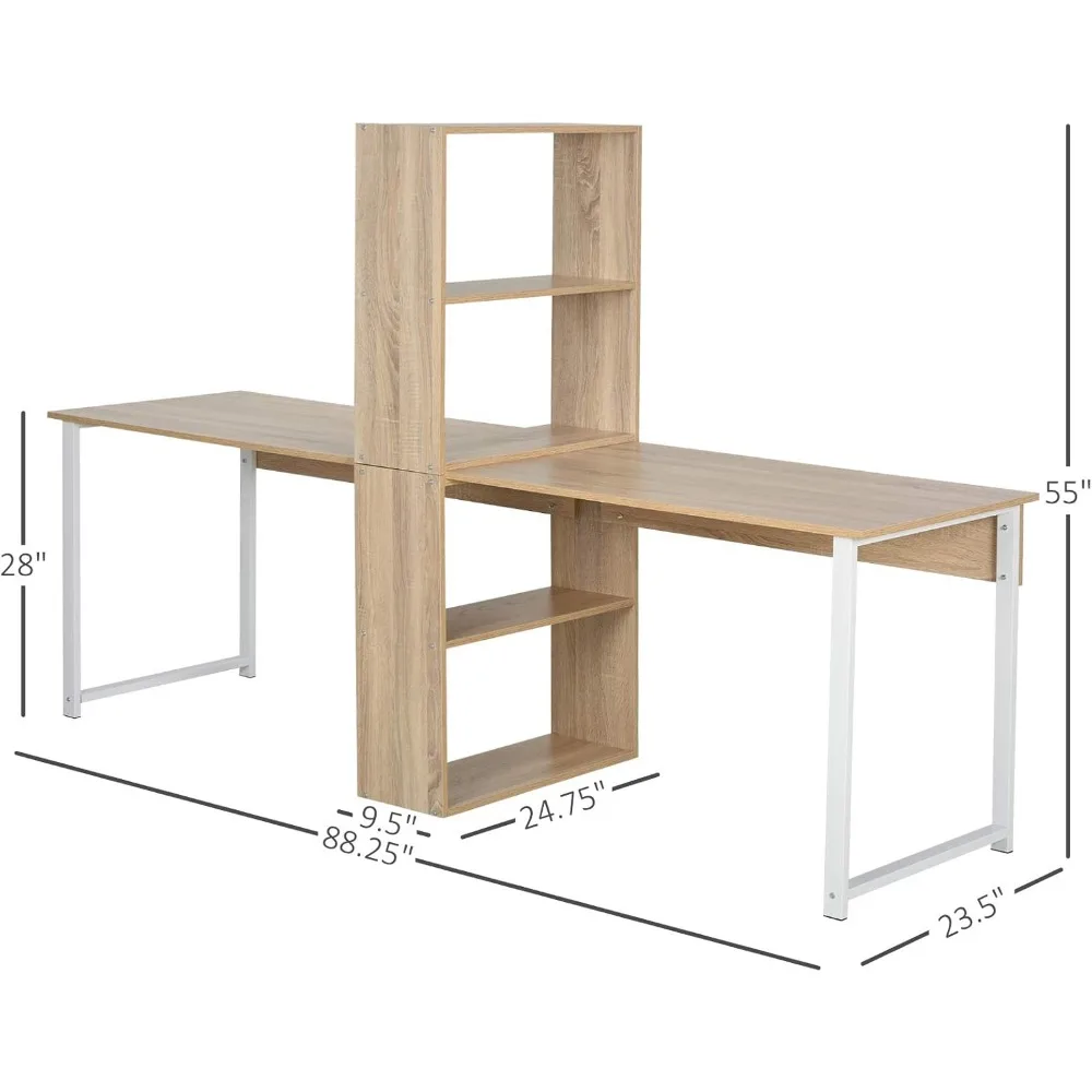 โต๊ะคอมพิวเตอร์สำหรับ 2 คน รุ่น 88 ยาวพิเศษ พร้อมชั้นวางของแบบรวม ช่องเก็บของสำหรับเวิร์คสเตชั่นคู่ โต๊ะทำงานสำหรับการเรียนที่บ้าน