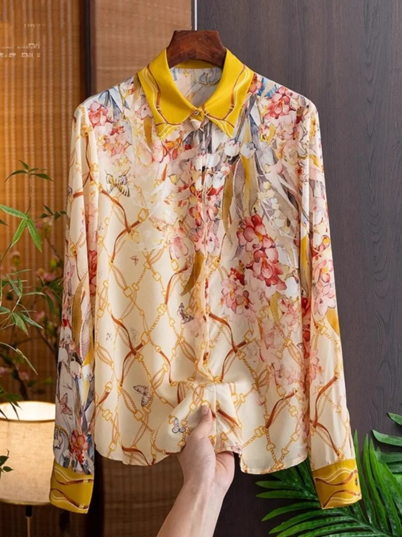 Vintage damesblouses bedrukte casual shirts mode losse zomer Koreaanse kleding lange mouwen satijnen damestops