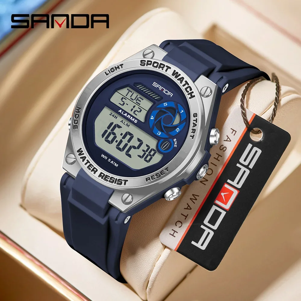 SANDA 2026 New 9098 Women's Sports Luxury Brand Watch Women's TPU Strap Night Light Waterproof Week Date Digital Leisure Watch