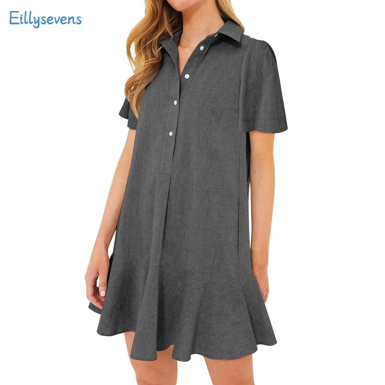 Damen hemd Kleider Modetrend bequeme leichte lose Kurzarm kleider lässig halb offen Knopf Saum Rüschen Mini kleid