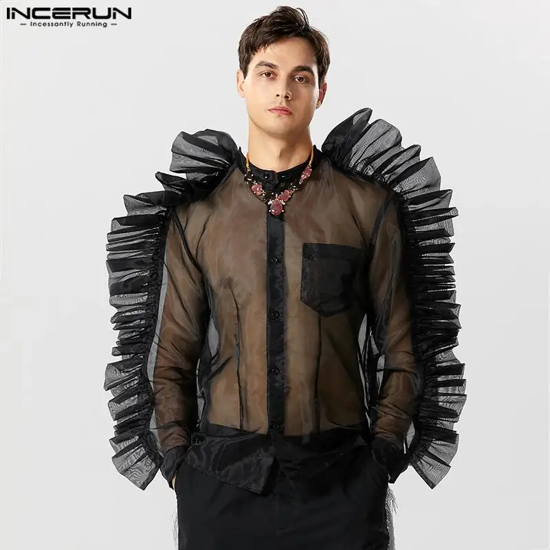 Men Shirt Mesh Patchwork Transparent Pleated Stand Collar Long Sleeve Camisas Streetwear 2023 Sexy Party Fashion Shirts INCERUN