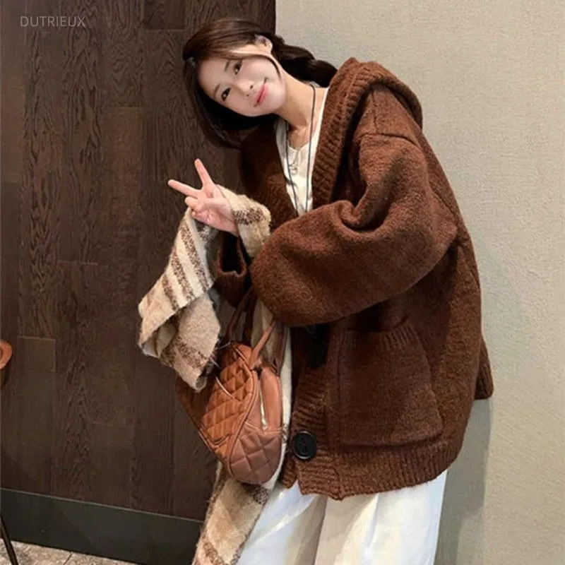 Hooded Cardigans Pockets Autumn Winter Thick Woman Sweaters Solid Korean Fashion Vintage Warm Sueteres Mujer