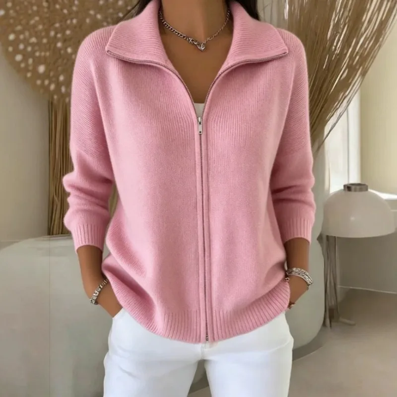 Women Solid Color Turn Down Collar Zip Up Knit Cardigan Autumn Winter Casual Fashion Loose Sweater Coat