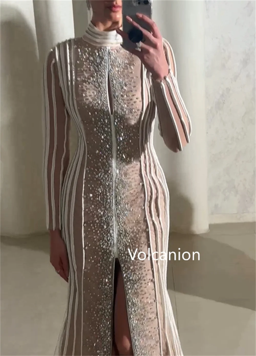 Customized Elegant Pleat Sequined Pattern Trumpet High Collar Long Dresses Bespoke Occasion Party High Quality Formal image 4