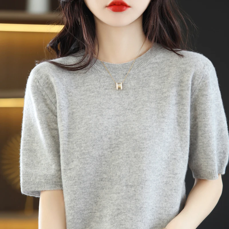 Hot Sale 100% Merino Wool Knit Jumper Women\'s Sweaters And Pullovers Autumn Female O-Neck Clothing Short Sleeve Soft Tops Spring