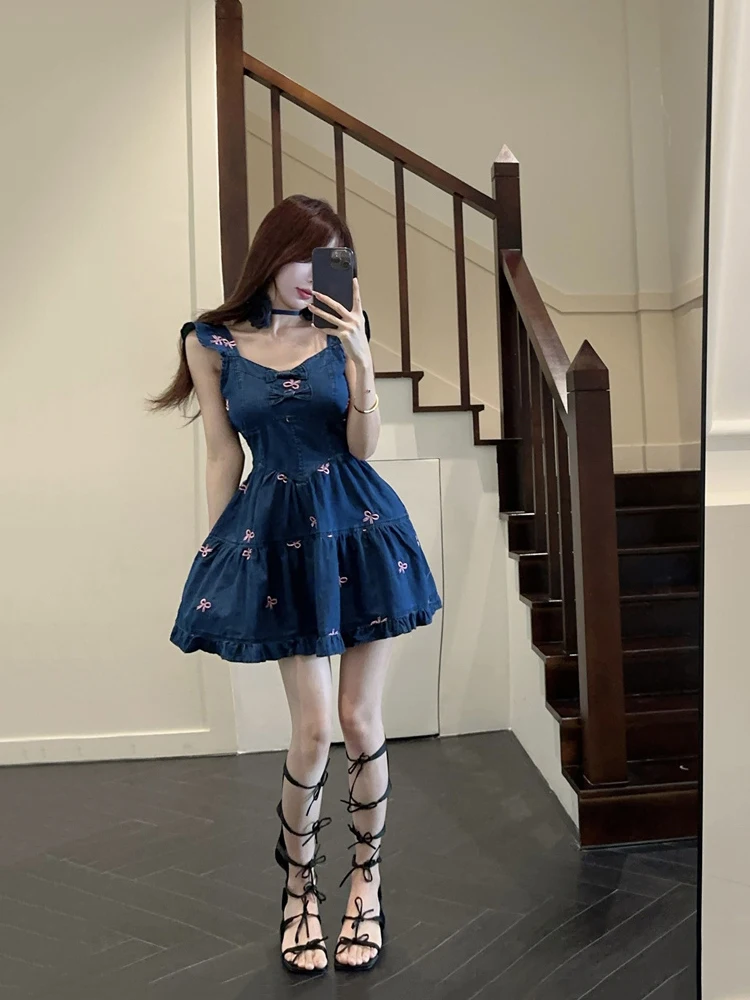 REDDACHiC Frilly Ribbon Denim Mini Dress Women Fly Sleeves Square Neck Bowknot Patchwork Ruffle One-piece Summer Korean Clothes