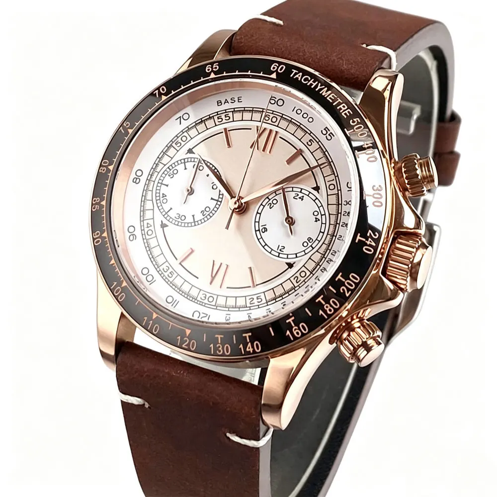 38mm Rose Gold Stainless Steel MIYOTA OS21 Quartz Movement Watches for Men Multi-function Chronograph Sapphire Glass Leather