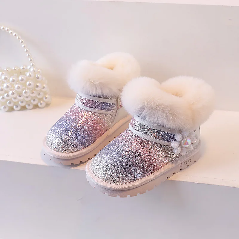 Girls Snow Boots 2023 Winter Toddler Kids Princess Fashion Brand Chelsea Ankle Boots Children Warm Fur Glitter Flower Pink Shoes