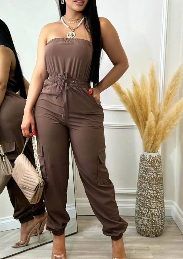 

Jumpsuit Women 2024 Summer Fashion Bandeau Shirred Drawstring Pocket Design High Waist Casual Sleeveless Daily Cuffed Jumpsuit