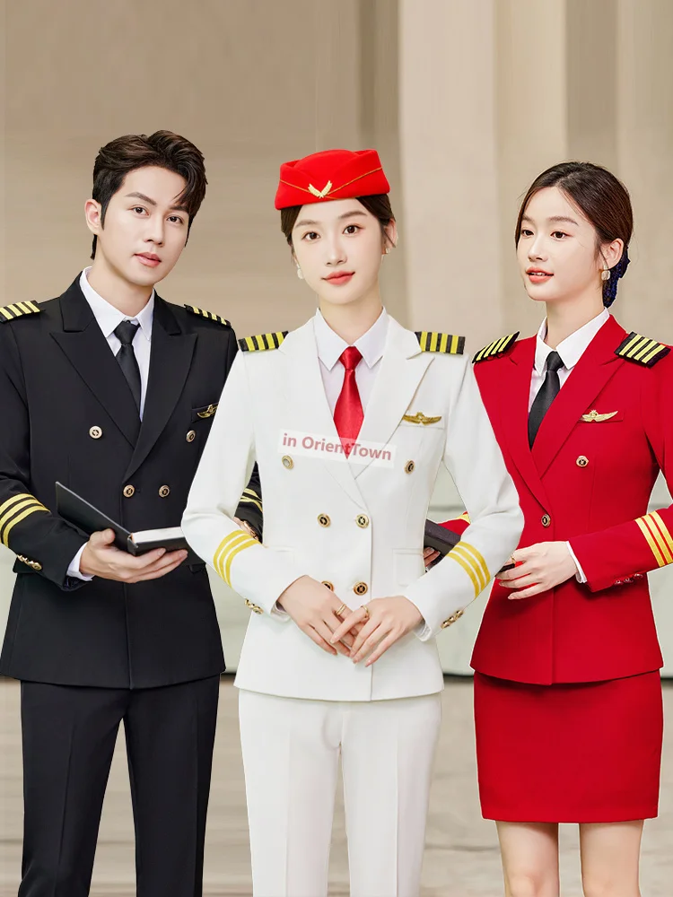 Uomo Pilot Uniform Air Captain Jacket Pants Airline Woman Top Pants Security Guard Manager Costume Fight Attendent Skirt Suit