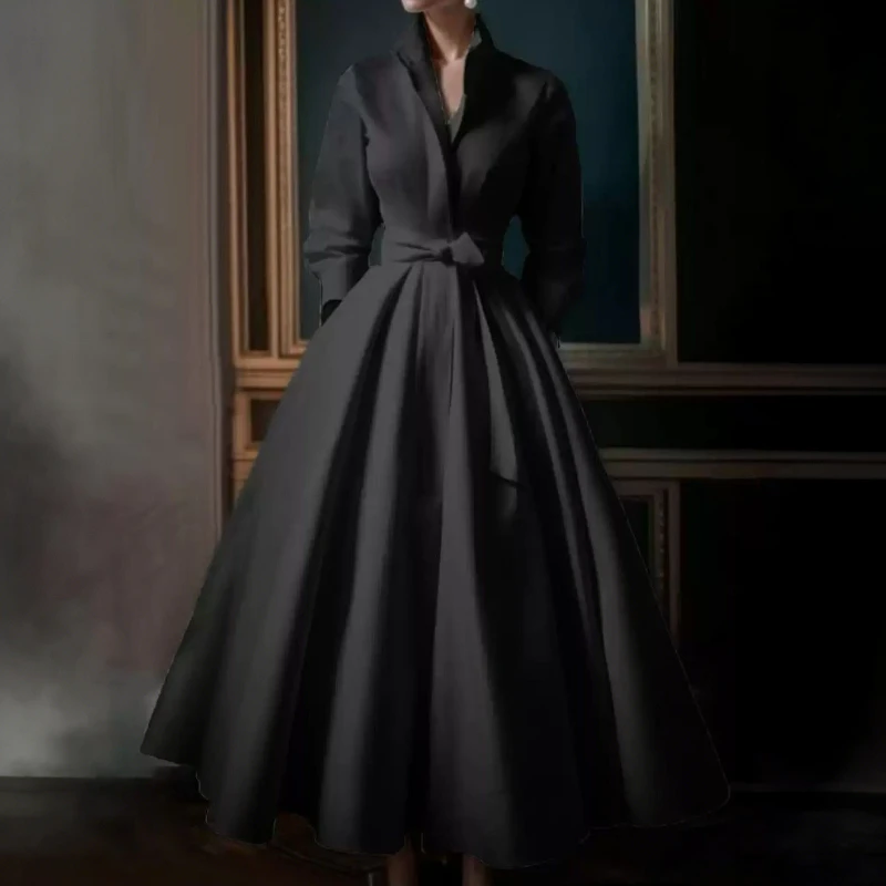 Eleganckie suknie ślubne z długim dekoltem w serek, proste suknie wieczorowe z stójką dla kobiet, suknie wieczorowe na przyjęcia i wesela z długim rękawem.