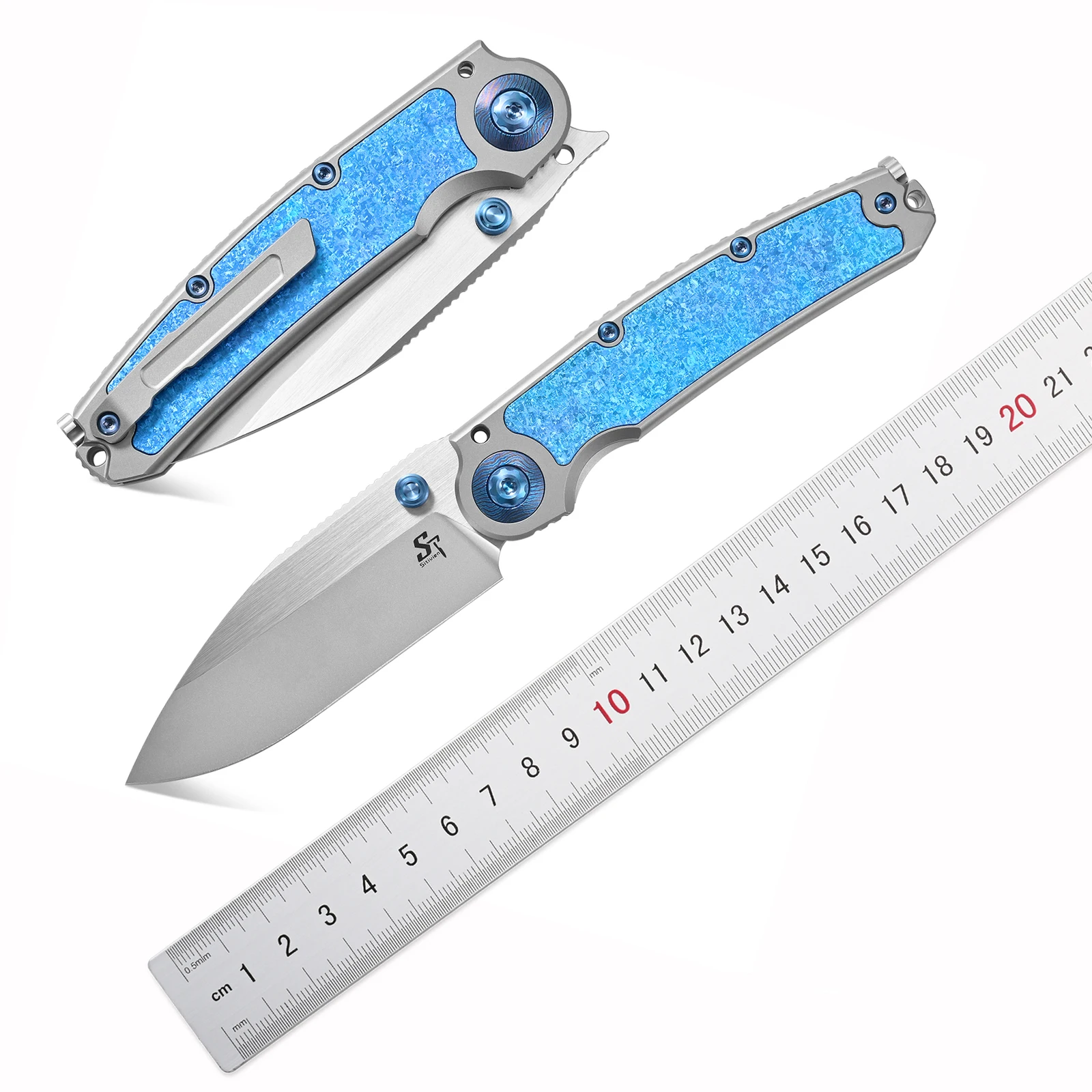 Sitivien ST280 Folding Knife M390 Steel Blade Titanium Handle Knife Ice Crystal Titanium Inlaid for Outdoor Camping Hiking
