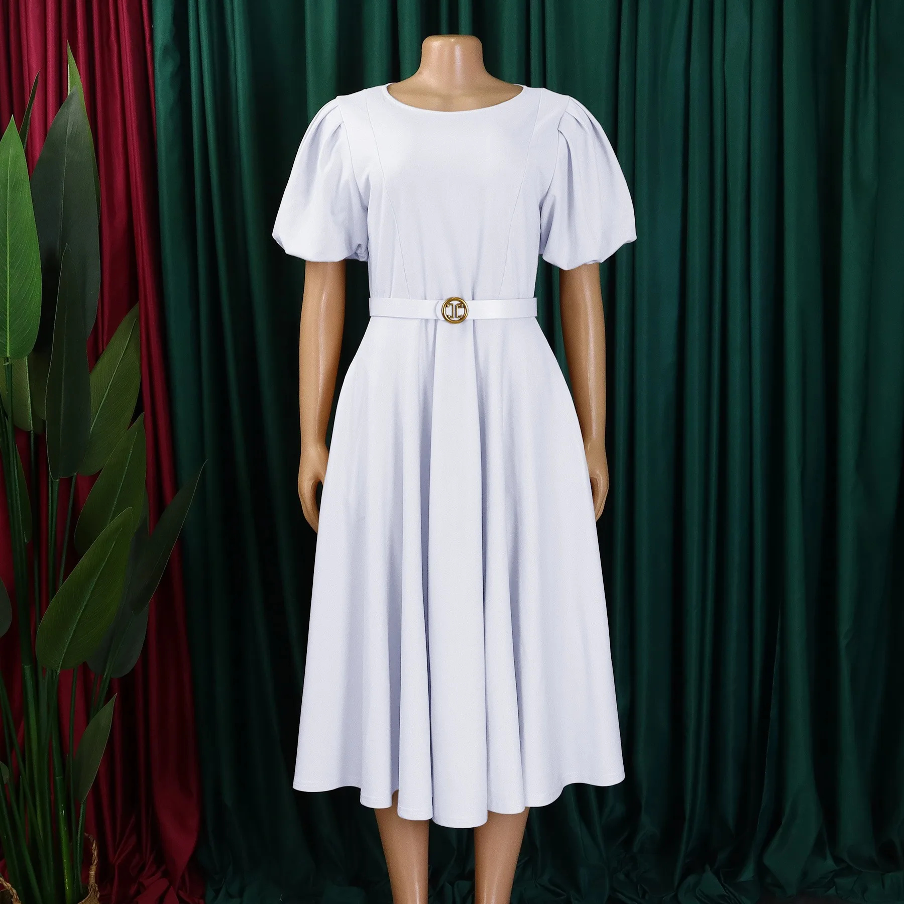 

Summer White Dress Women's Elegant Woven Dresses Round Neck Puff Sleeve Maxi Dress Belted Waist Flared Skirt A Line Dress