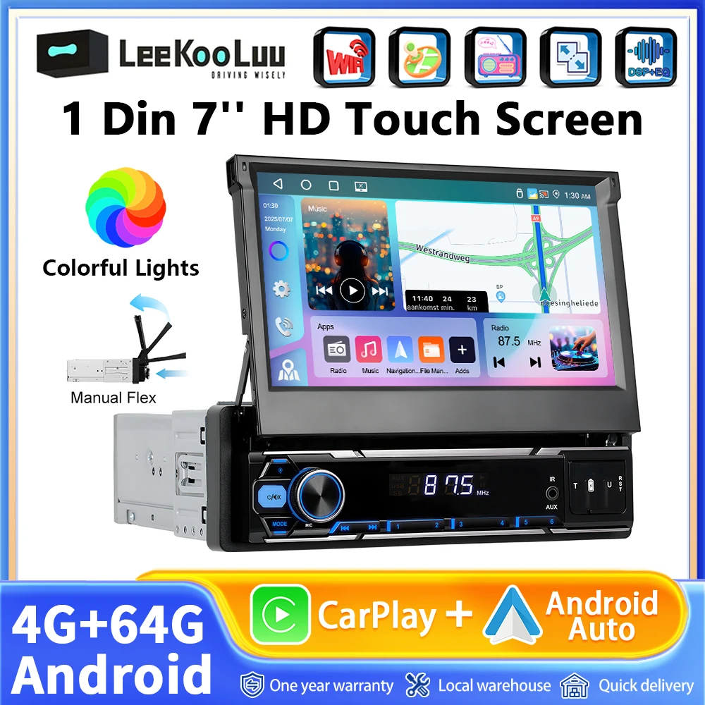 4 + 64G 1 الدين راديو السيارة 7 بوصة الوجه خارج HD لمس مشغل وسائط متعددة دعم Carplay أندرويد السيارات لتحديد المواقع ستيريو واي فاي ميرورلينك