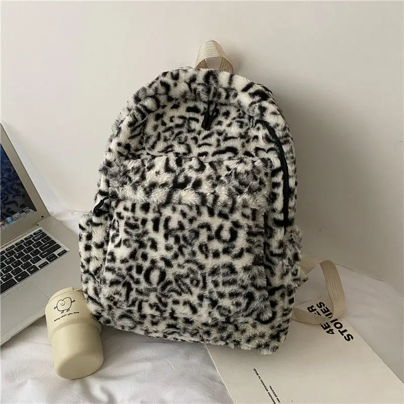 Personality Fashion Leopard Fluffy Rucksack Y2k Preppy Casual Harajuku Backpack High-capacity Vintage Grunge Students Schoolbags