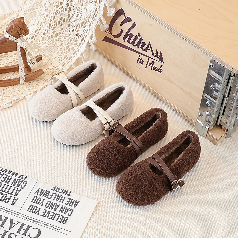 2026 Winter Kids Fuzzy Mary Jane Flats Faux Fur Lined Buckle Strap Warm Shoes, Soft Non-slip Casual Footwear for Toddler Girls