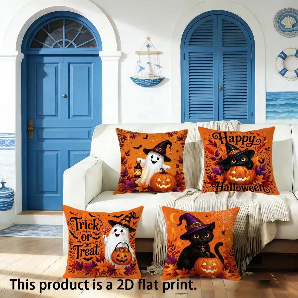 1pc Halloween Cute Ghost Black Cat Throw Pillow Covers Design Print Sofa Living Room Autumn Spooky Home Party Decoration