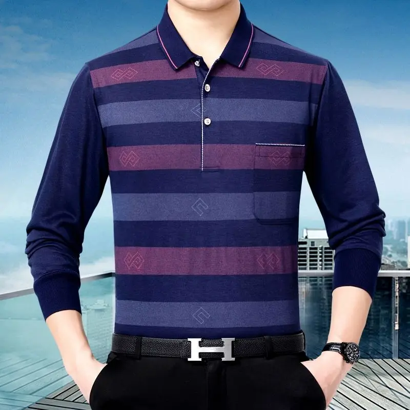 Middle-aged Men's Clothing Spring Long Sleeve New Lapel Thin Striped Printed Spliced Pockets Loose Causal Fashion Polo Shirt