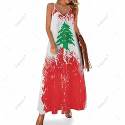 Long Dresses Dress Lebanon Flag Print New Casual Sleeveless Women's V-Neck Printed Dress Swing Retro Dresses