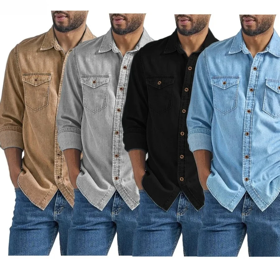 

New 2025 Men's Casual Denim Shirts Long Sleeve Button Vintage Blue Washed Cowboy Shirts Slim Fit Outdoor Workwear Tops for Men