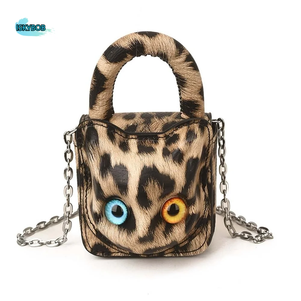 

Elegant Heterochromia Eyes Cat Handbag Mini Anti-splash Water Lipstick Crossbody Bag Leather Vintage Leopard Print Earphone Bag