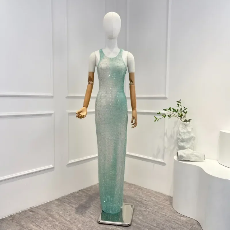 

Green Gradient Diamonds Shining Bodycon Sleeveless Long Dress 2024 High Quality Fashion Spring Summer Women Clothing