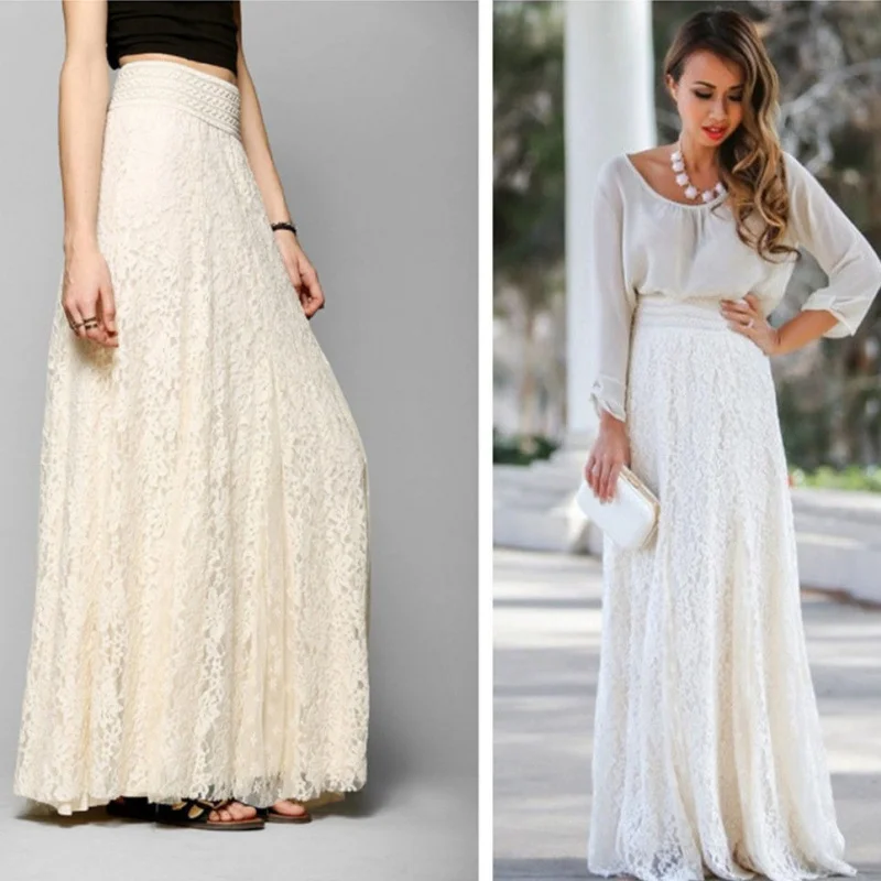 Hook Flower Slim Fit Slimming High Waist Hollow Pattern Lace Long Skirt