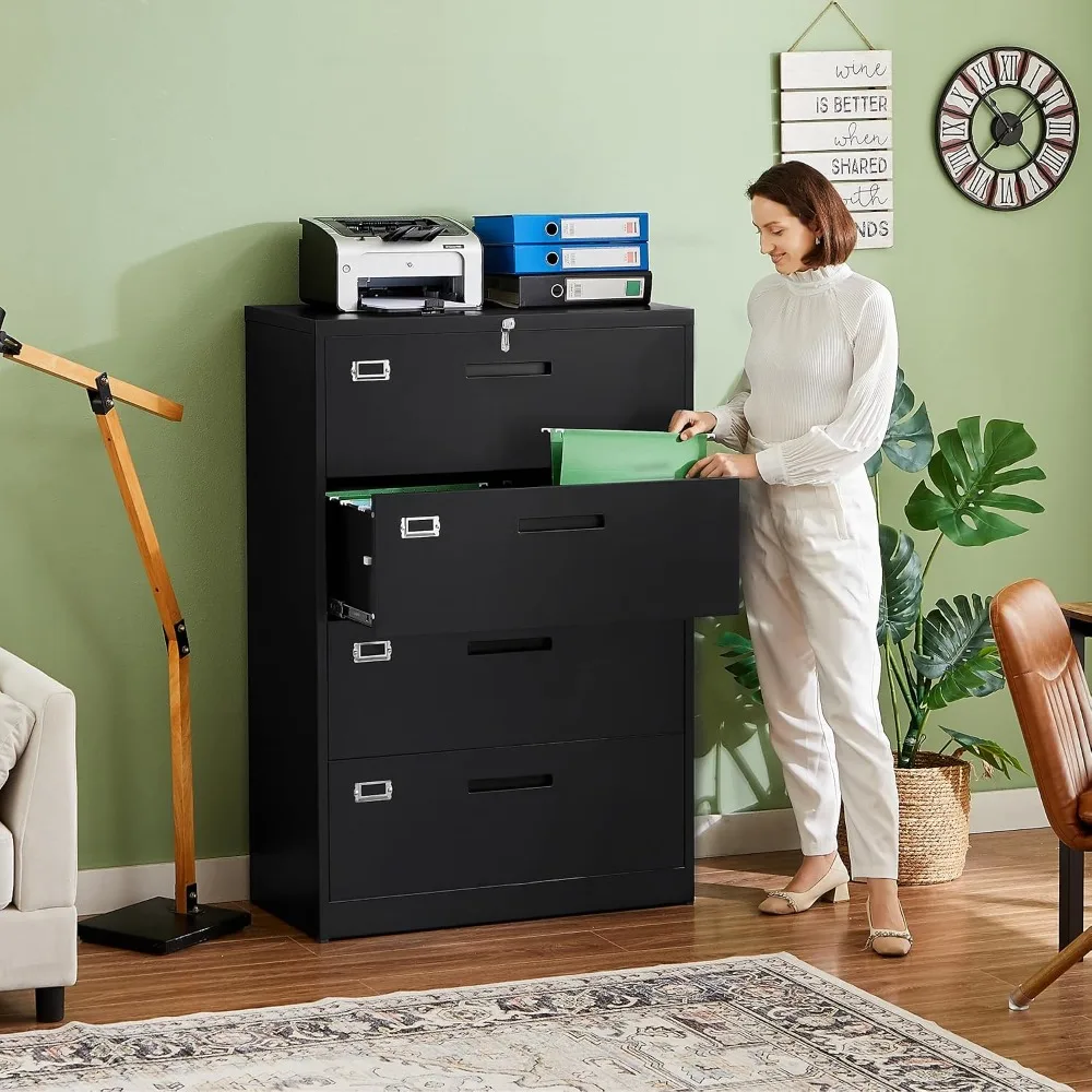 4 Drawer Metal Lateral File Cabinet with Lock for Home Office, Letter/Legal/F4/A4 Hanging Files